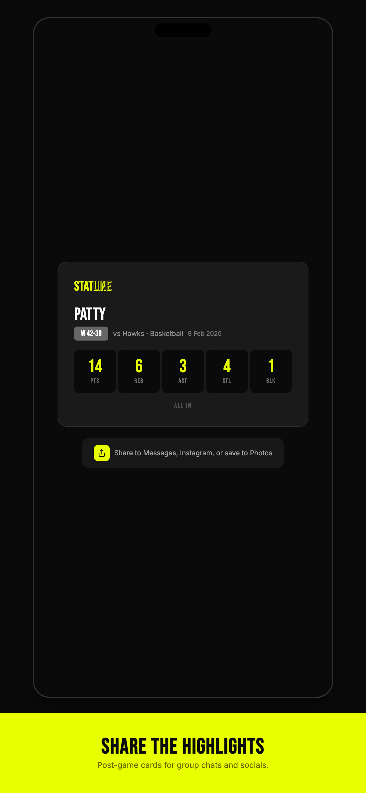 Statline post-game share card with stat line showing points rebounds assists for sharing to social media