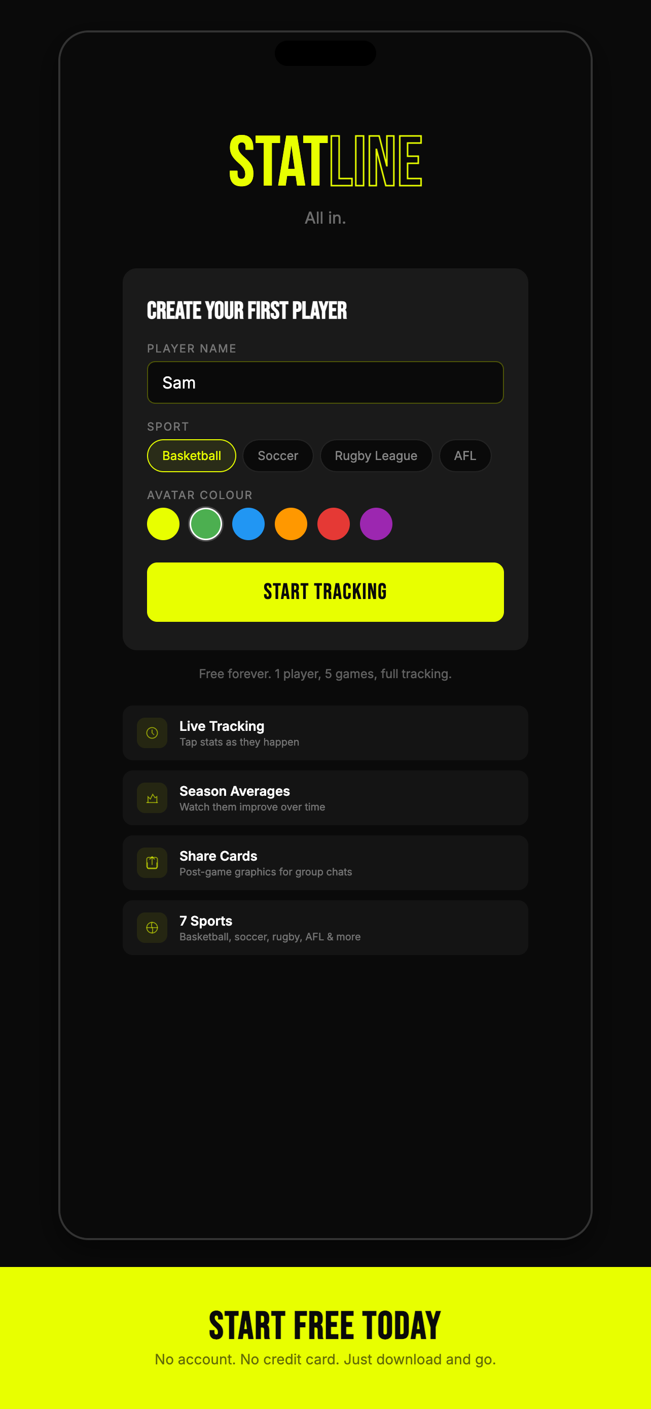 Statline player creation screen showing how to start tracking stats in 10 seconds